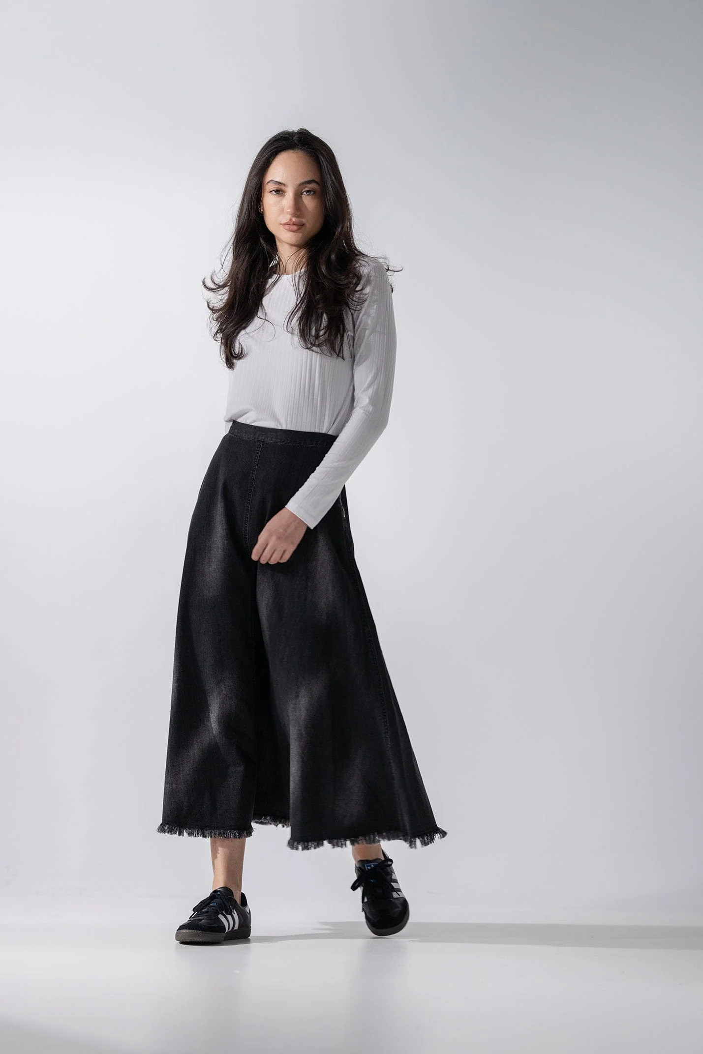 Washed Fringe Denim Skirt-Black | Fame On central