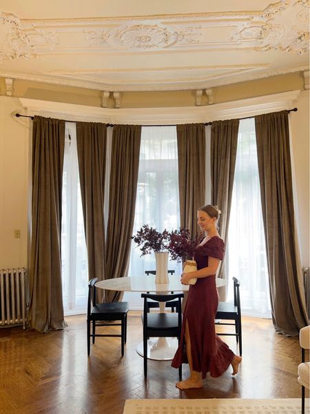 Fall decor- Faux branches, taupe velvet curtains, burgundy midi dress, marble dining table, black dining chairs 

#LTKstyletip #LTKSeasonal #LTKhome