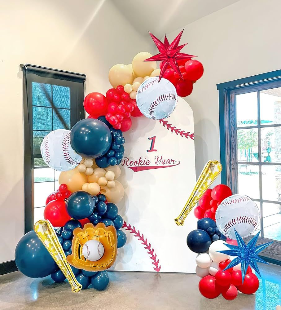 Baseball Theme Balloon Garland Arch Kit 126Pcs navy blue red black white and almond with foil sta... | Amazon (US)
