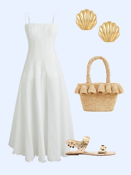White linen midi dress, shell earrings, ruffle raffia bag, gold shell leather sandals 

#LTKparties #LTKover40 #LTKstyletip