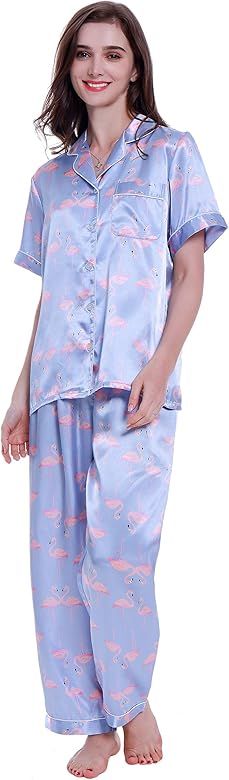 Lavenderi Women's Short Sleeve Classtic Satin Pajama Set | Amazon (US)