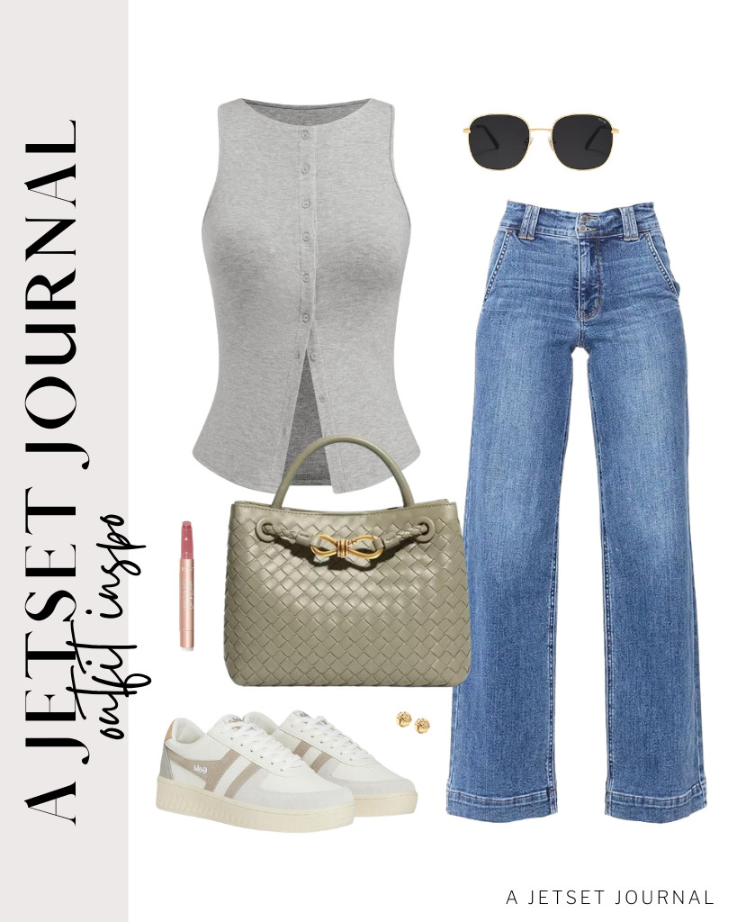 This gray CIDER button-down tank top worn with Astylish high-waisted jeans is the base of your first outfit. Add a woven tote bag and step into Gola Grandslam Leather sneakers to style this fit. To finish the look, you can apply a touch of tarte Maracuja Lip Plump and wear your classic SOJOS sunnies.

#LTKSeasonal #LTKSaleAlert #LTKTravel

 

 