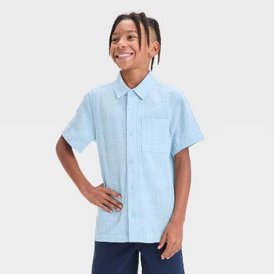 Boys' Short Sleeve Solid Seersucker Button-Down Shirt - Cat & Jack™ Light Blue S: Cotton Rayon Blend, Front Pocket | Target