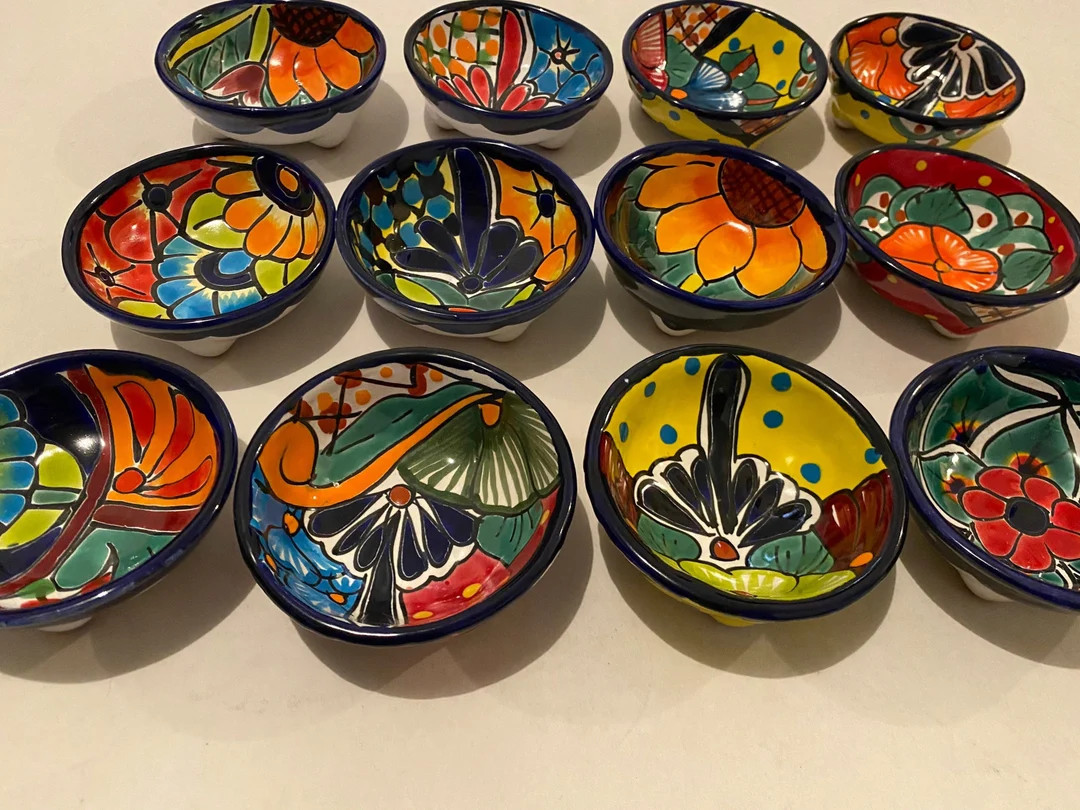 Salsa Talavera Bowls Cobalt Blue With Multicolored Flower Patterns Small 4 Diameter Depth 1.5 Mex... | Etsy (US)