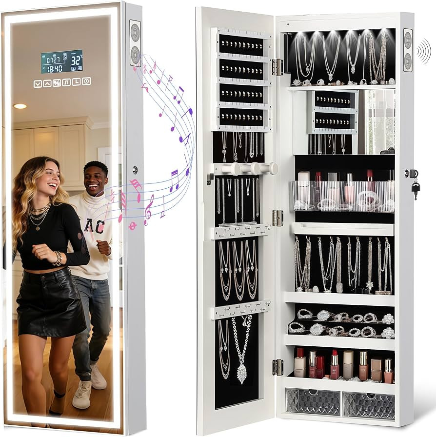 LED Mirror Jewelry Cabinet with Bluetooth Speaker, Wall/Door Mounted Jewelry Organizer Armoire, F... | Amazon (US)