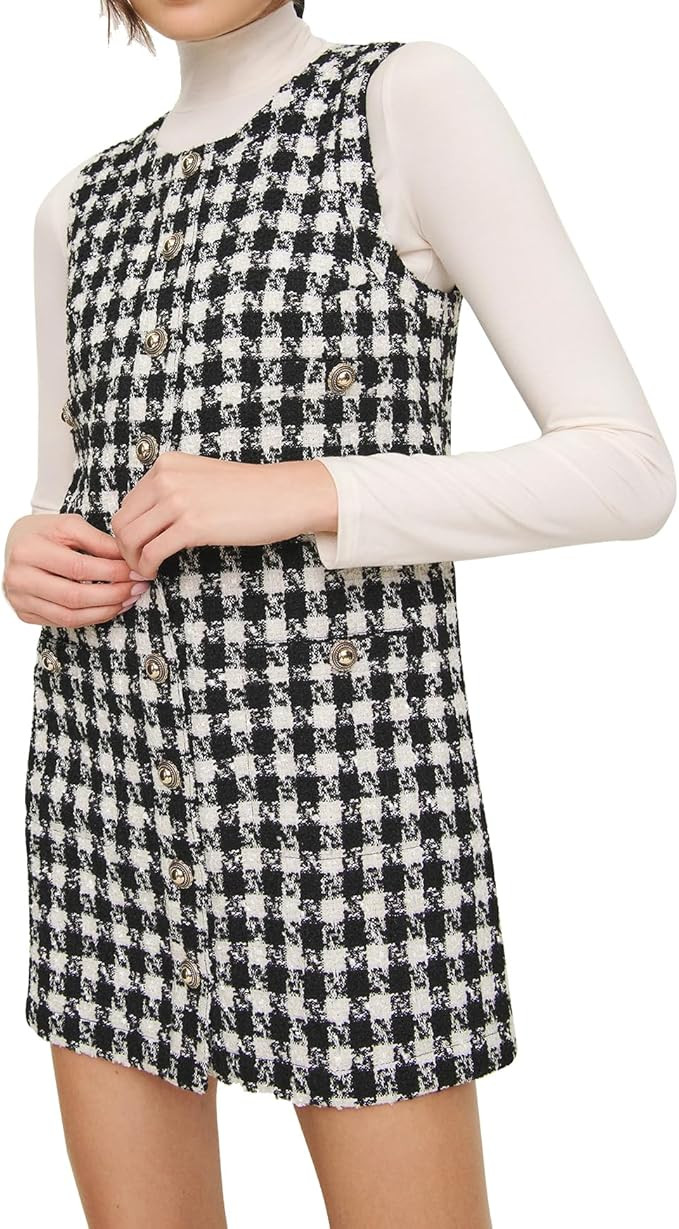 Women's Plaid Tweed Tank Dress Sleeveless Bodycon Jackie O Dresses Crew Neck Elegant Button Down ... | Amazon (US)