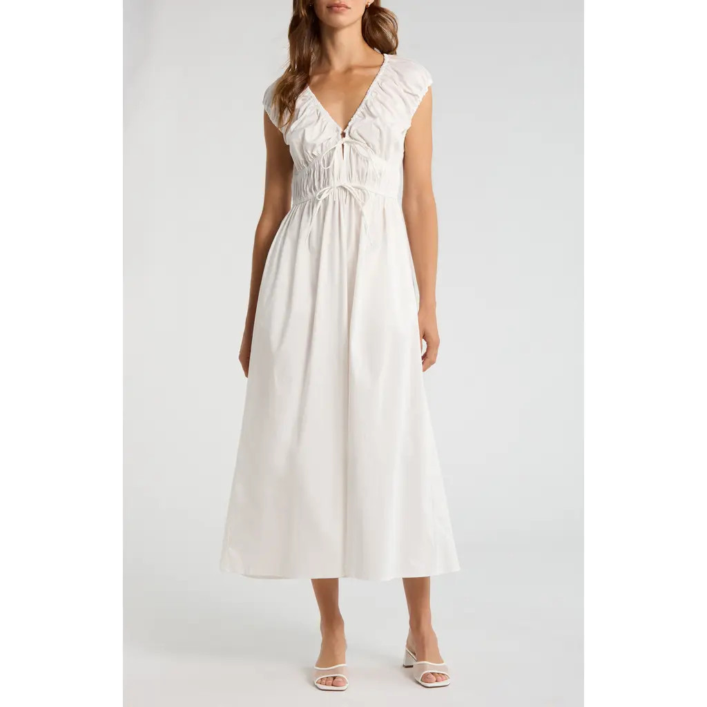 WAYF Liv Ruched Stretch Cotton Poplin Midi Dress in Ivory at Nordstrom, Size Large | Nordstrom