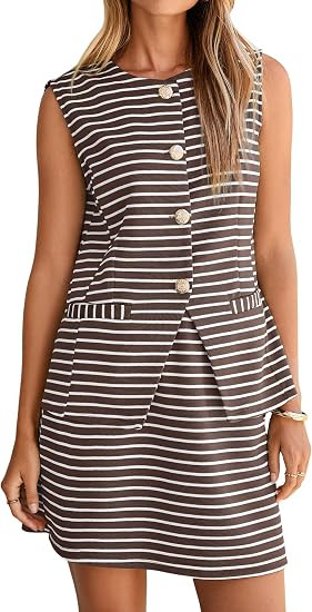 Simplee Women's Summer 2 Piece Outfits 2026 Striped Sleeveless Matching Sets Button Down Vest Wai... | Amazon (US)
