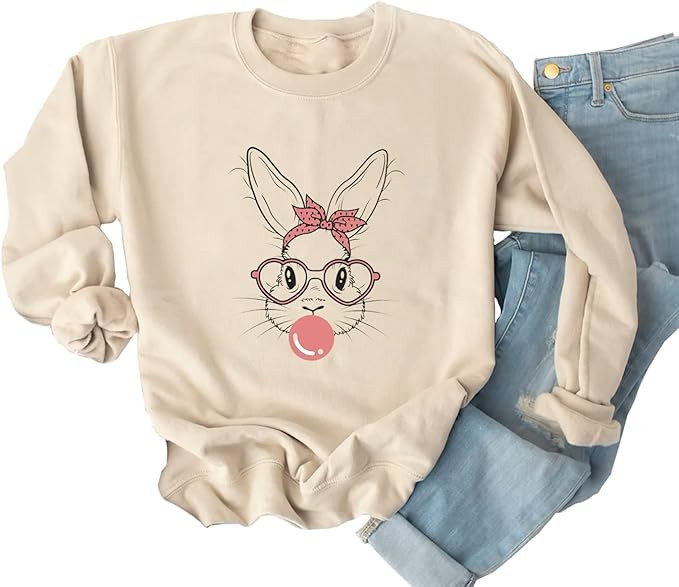 Ykomow Happy Easter Sweatshirt Women Long Sleeve Cute Bunny Rabbit Graphic Tees Pullover | Amazon (US)