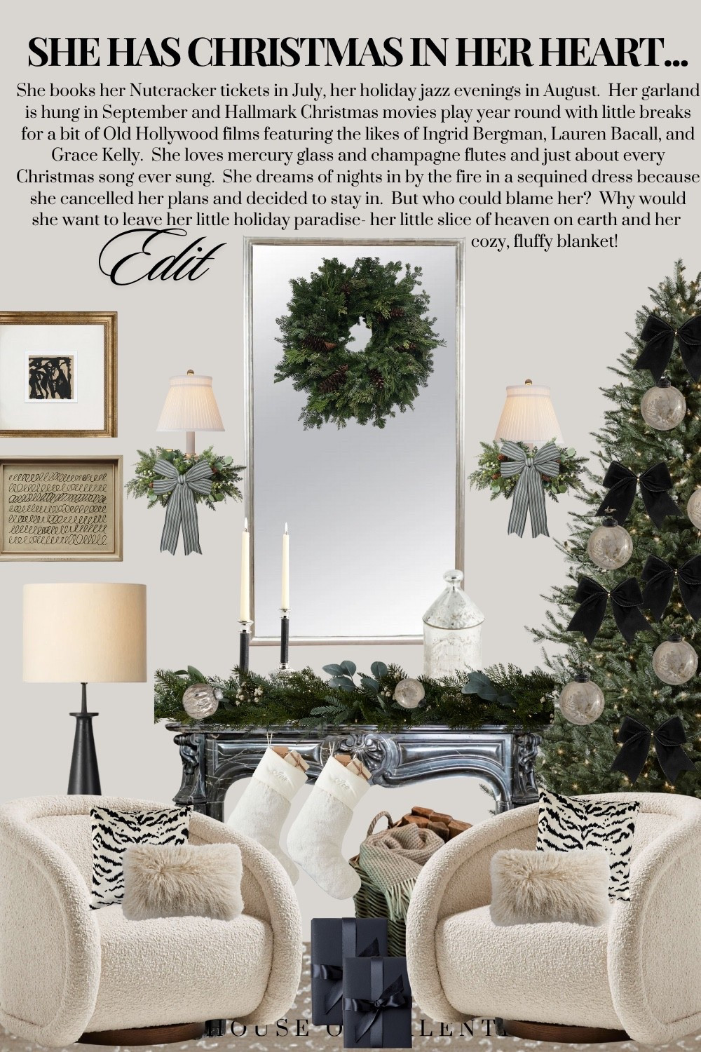 She books her Nutcracker tickets in July, her holiday jazz evenings in August.  Her garland is hung in September and Hallmark Christmas movies play year round with little breaks for a bit of Old Hollywood films featuring the likes of Ingrid Bergman, Lauren Bacall, and Grace Kelly.  She loves mercury glass and champagne flutes and just about every Christmas song ever sung.  She dreams of nights in by the fire in a sequined dress because she cancelled her plans and decided to stay in.  But who could blame her?  Why would she want to leave her little holiday paradise- her little slice of heaven on earth and her cozy, fluffy blanket.

#LTKHoliday #LTKHome #LTKStyleTip