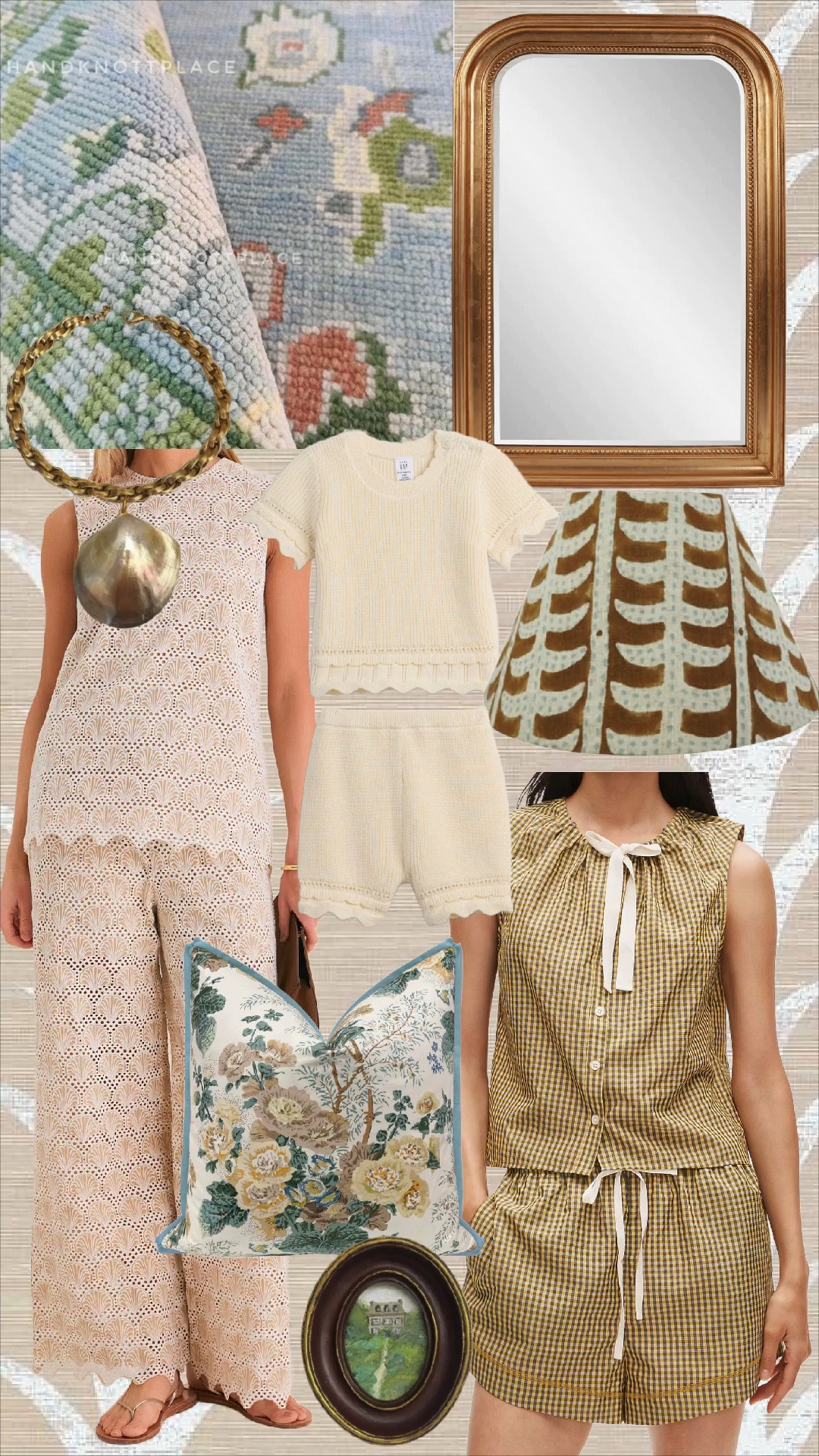 The Broke Brooke Daily Finds! 
@Etsy @Tuckernuck @Wayfair @jcrew 
There’s something about a home (and closet) that feels collected instead of decorated. Soft blues, warm brass, heirloom florals, eyelet details, and timeless silhouettes will always have my heart. These are the pieces that make everyday life feel a little more beautiful—and they’ll still be just as lovely years from now.

If your style leans classic with a fresh coastal twist, this edit is full of favorites you’ll reach for again and again.

Which piece are you adding to your cart first? 💙

Product Listing

* Hand-knotted blue and green rug
* Antique-style gold arch mirror
* Brass bell accent
* Eyelet cream jumpsuit
* Cream knit lounge set
* Block-print lampshade
* Blue floral chinoiserie pillow
* Gingham pajama set with ribbon ties
* Mini vintage landscape artwork
* Natural grasscloth wallpaper

Hashtags
#GrandmillennialStyle #CoastalGrandmillennial #CollectedHome #TraditionalHome #ClassicStyle #HeirloomStyle #SouthernStyle #BlueAndWhiteDecor #CoastalInteriors #TimelessDesign #LTKStyle #LTKHome #ClassicFashion #NeutralHome #TheBrokeBrooke
