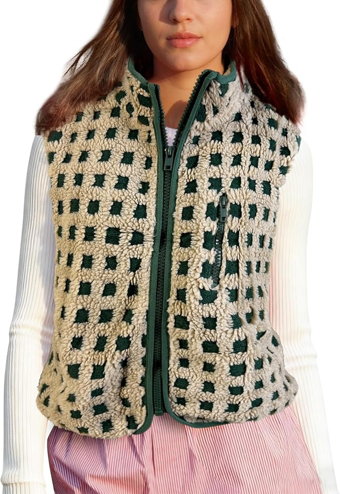 Womens Checkered Sherpa Vest Sleeveless Winter Fleece Jacket High Neck Zip Up Plaid Gilet with Ch... | Amazon (US)