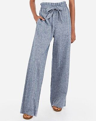 high waisted linen-blend tie waist wide leg pant | Express