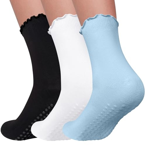 3 Pairs Pilates Socks with Grips Non Slip Ruffle Yoga Grip Socks for Women | Amazon (US)