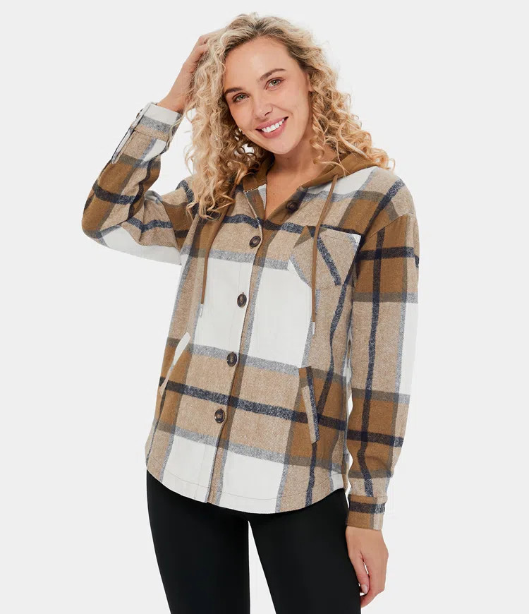 Women's Hooded Drawstring Button Side Pocket Plaid Fleece Casual Jacket - HALARA | HALARA