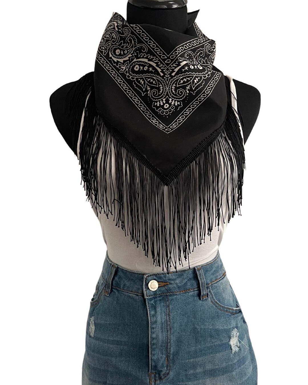 Western Fringe Bandana Scarf – Black Paisley Cowboy Neck Accessory - Etsy | Etsy (Global)