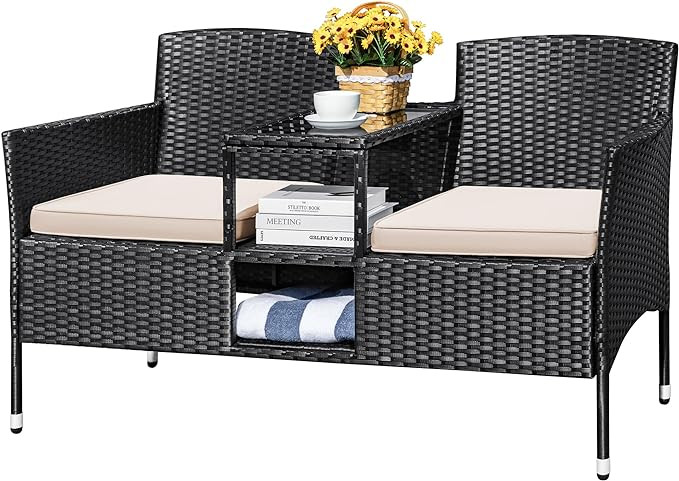 Devoko Outdoor Patio Loveseat Modern Rattan 2-Seat Patio Conversation Set with Cushions & Built-i... | Amazon (US)