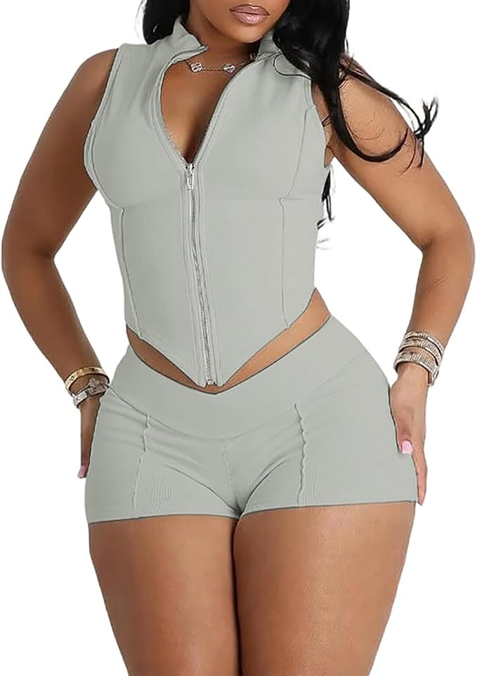 2 Piece Going Out Sets for Women Sexy Zip Up Crop Tank Top Bodycon Biker Shorts Set Club Gym Outf... | Amazon (US)