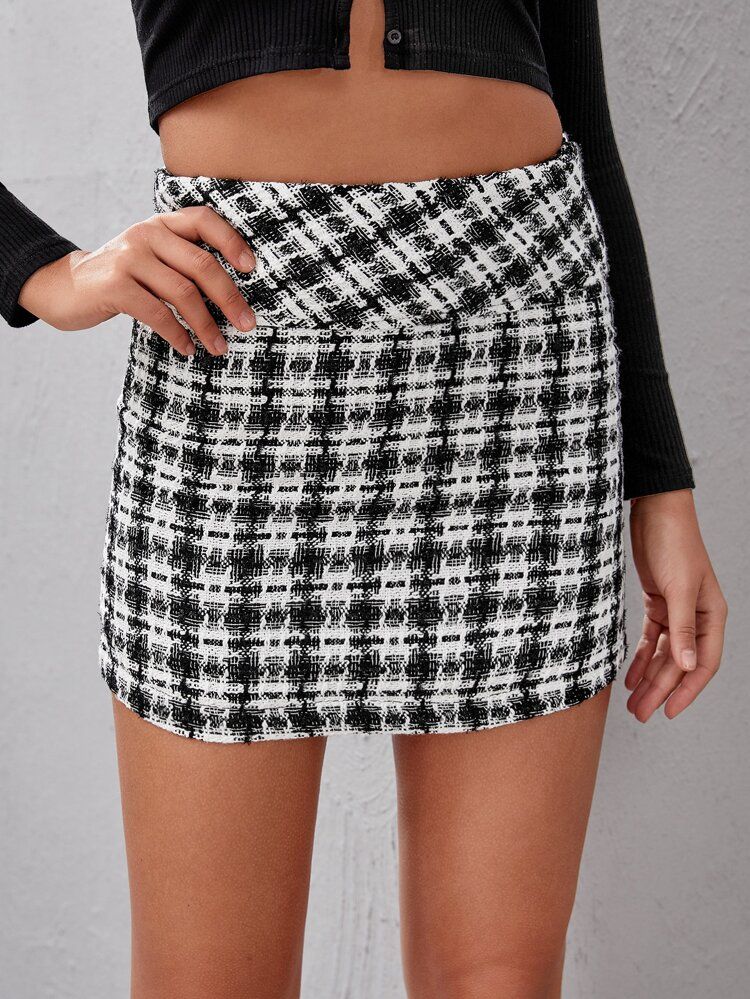 High Waist Zip Side Tweed Skirt | SHEIN