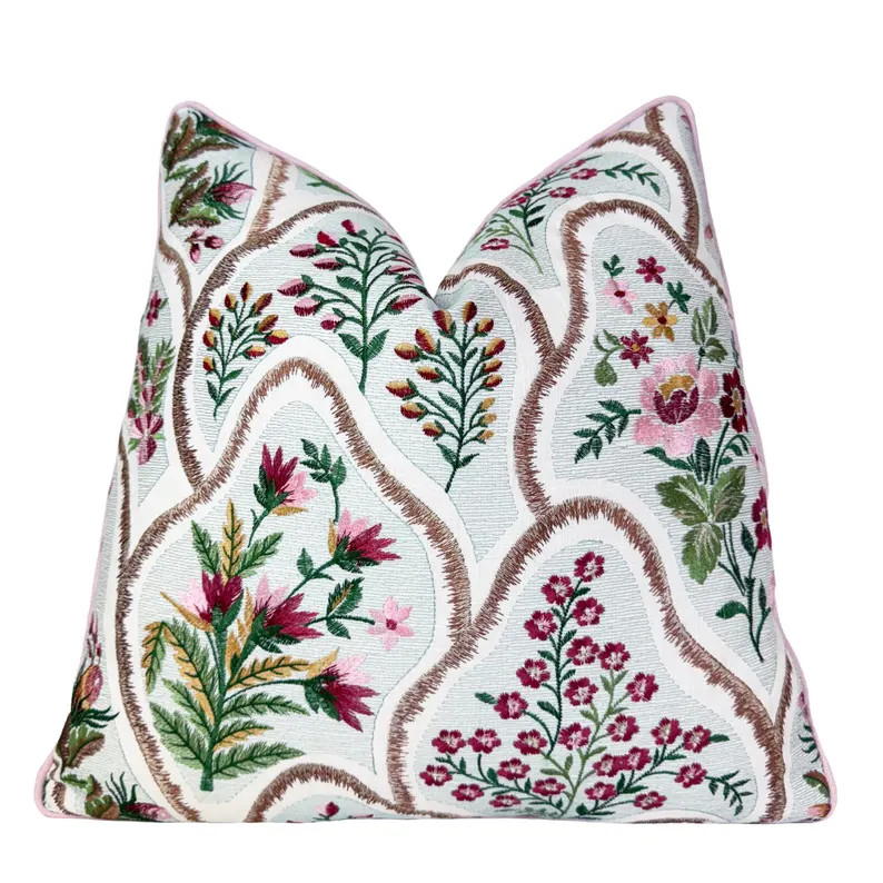 Fuchsia Bloom Embroidered Throw Pillow Cover | Embroidered Floral Linen Pillowcase | Couch Pillow... | Etsy (Global)
