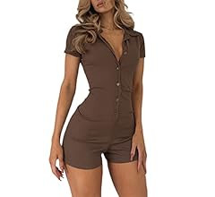 LilyCoco Women's Short Sleeve Ribbed Knit Button Front Collar Romper Playsuit Bodysuit | Amazon (US)