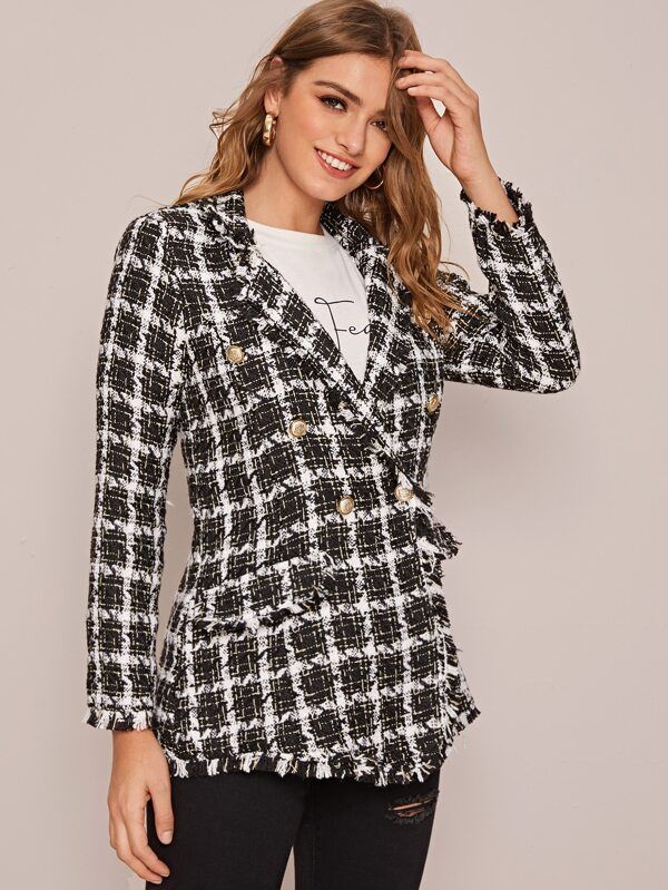 Notched Collar Raw Edge Double Breasted Tweed Blazer | SHEIN