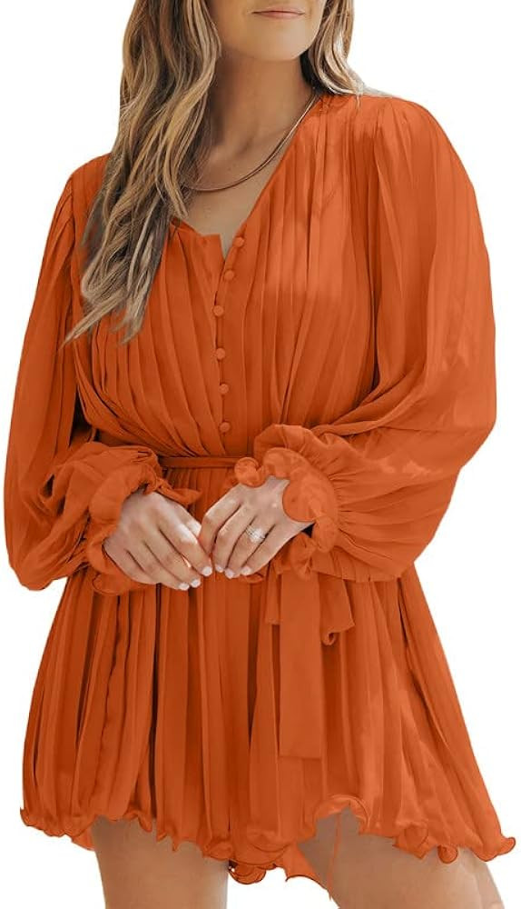 Dokotoo Womens 2023 Summer Buttons V Neck Tie Waist Flared Pleated Drape Long Sleeve Rompers Jump... | Amazon (US)