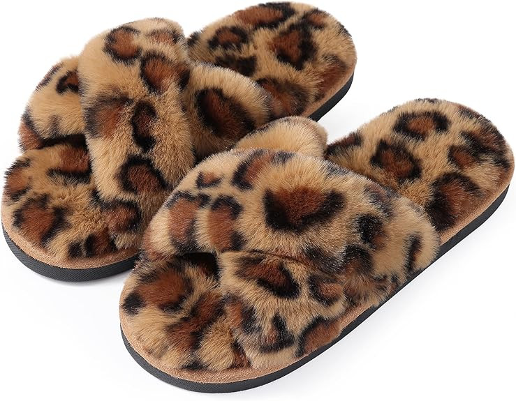 Evshine Women's Fuzzy Slippers Cross Band Memory Foam House Slippers Open Toe | Amazon (US)
