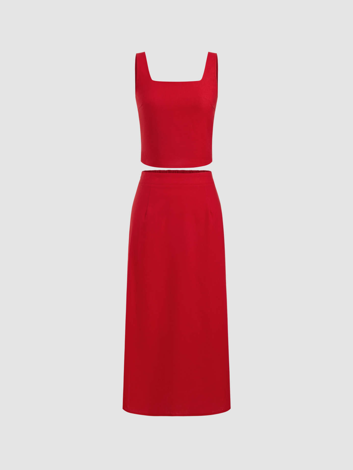 Linen-blend Square Neck Solid Button Crop Tank Top With Mid Rise Split Zipper Maxi Skirt | Cider