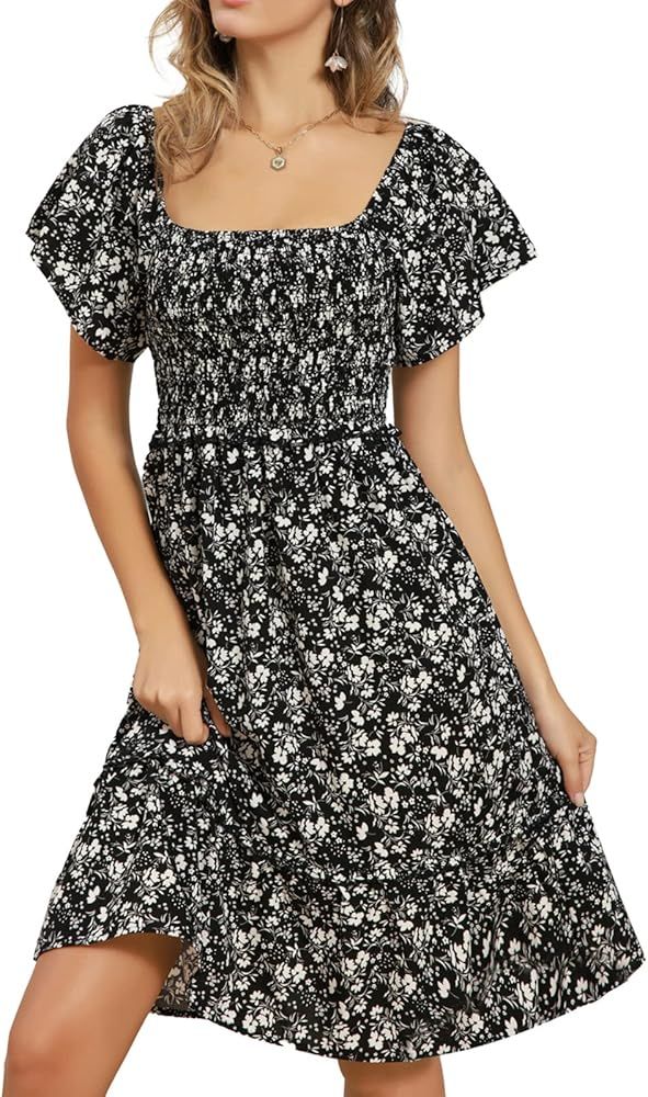 Women's Casual Floral Mini Dress Short Butterfly Sleeve Square Neck Beach Dress Black S | Amazon (US)
