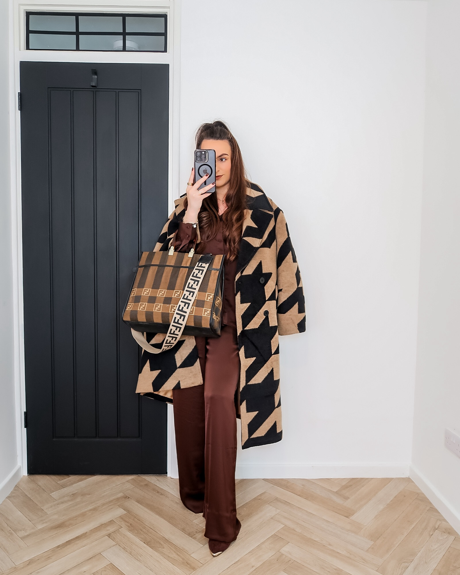 autumn outfit inspo, tonal dressing, houndstooth coat outfit, chocolate satin set, French Connection fashion, chic autumn style, fall fashion looks, neutral outfits, UK fashion influencer, autumn co-ord 

#LTKuk #LTKeurope #LTKautumn