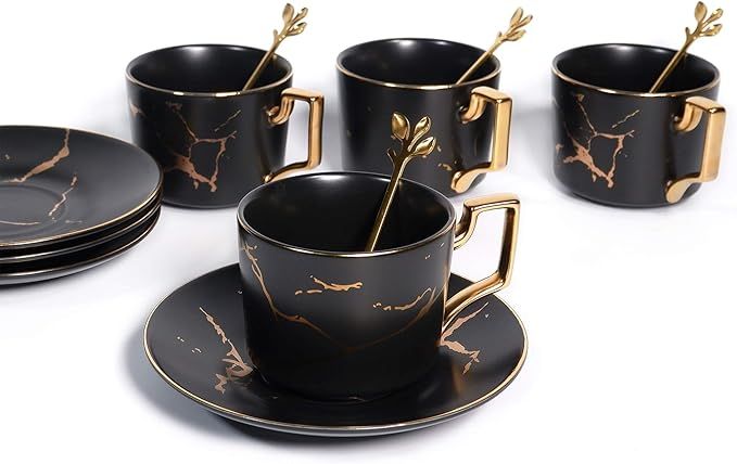 8.5 oz Golden Hand Print Tea Cup With Saucer Set And Cup And Ceramics Saucer Set Black (Set of 4) | Amazon (US)