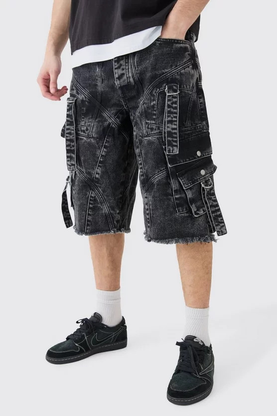 Tall Oversized Strap And Buckle Detail Denim Jorts | boohooMAN (US & Canada)