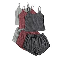 SheIn Women's 3 Sets Rib Knit Lounge Set Crop Cami Top and Tie Front Shorts Sleepwear Pajama Set | Amazon (US)