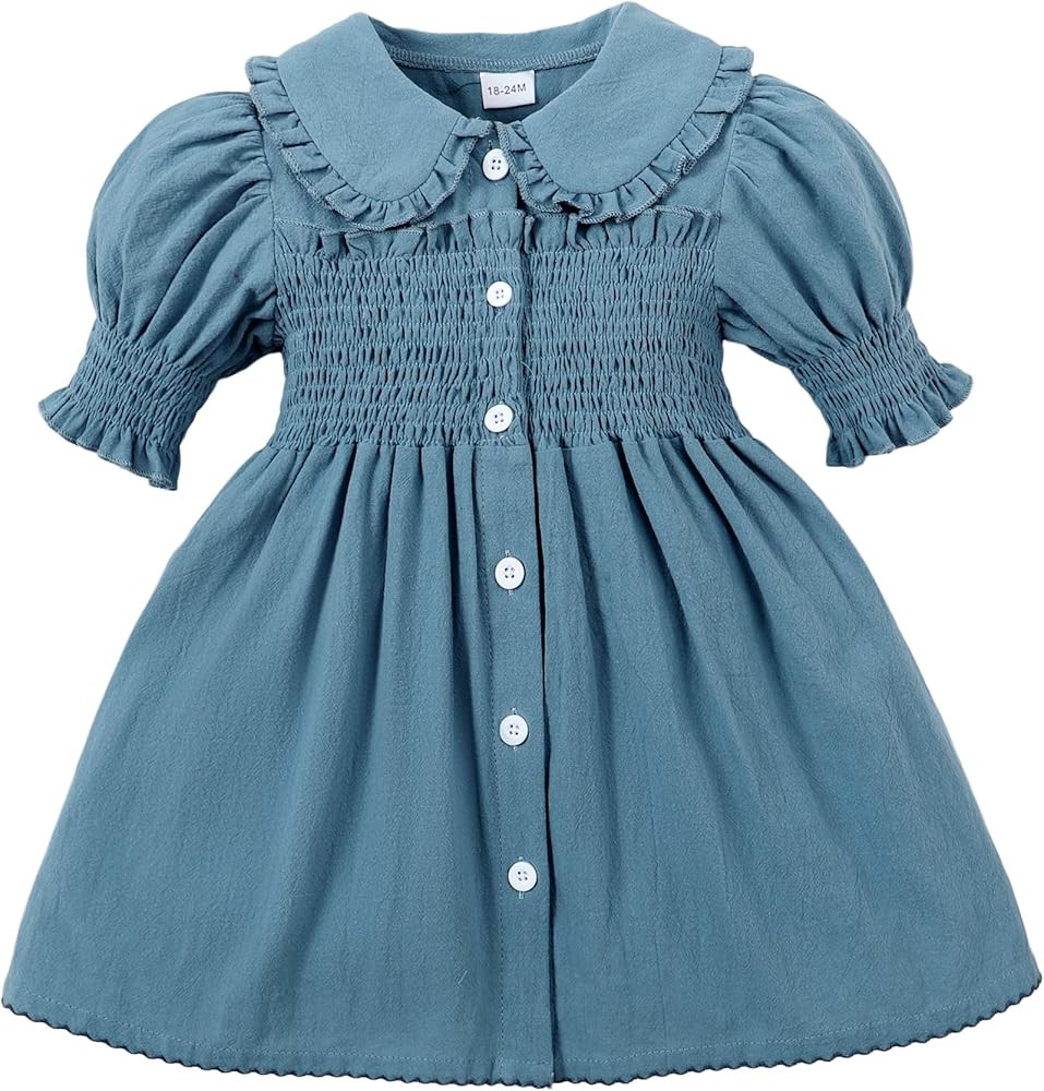 Baby Toddler Girls Dress Short Sleeve Vintage Peter Pan Collar Summer Casual Mini Cotton Linen Dr... | Amazon (US)