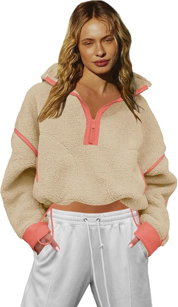 LAMISSCHE Half Zip Sweatshirt Women Oversized Sherpa Jacket V Neck Fleece Pullover Hoodie with Po... | Amazon (US)