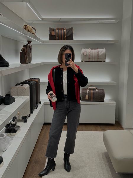 Red sweater: vintage. Linked lots of options. 
Jacket: Sezane. Tts. I am in xs
Jeans: Levi’s ribcage cropped. I cut the hem myself 
Booties: tts. Very comfy 