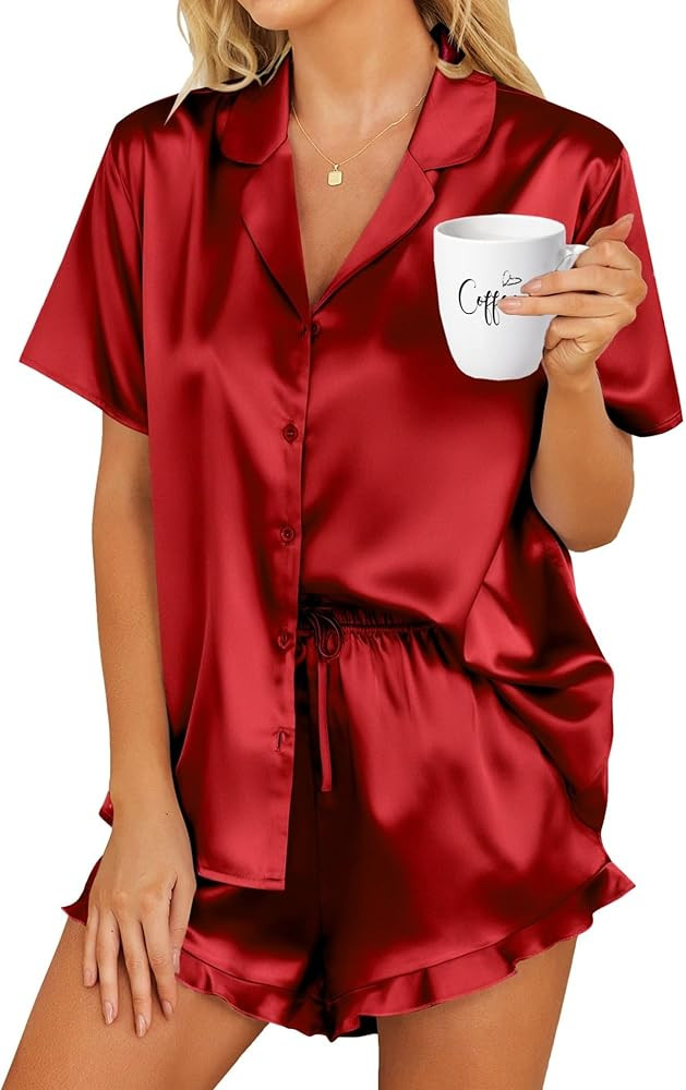 HOTOUCH Womens Satin Pajamas Set Button Down 2 Piece Silk Pjs Shorts Set Ruffle Lingerie Notch Co... | Amazon (US)