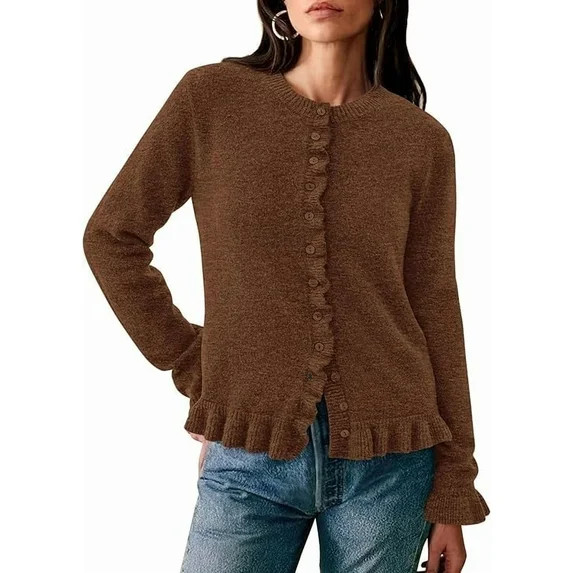 PRETTYGARDEN Womens Fall Button Down Cardigans Chunky Knit Ruffle Open Front Cropped Cardigan Swe... | Walmart (US)