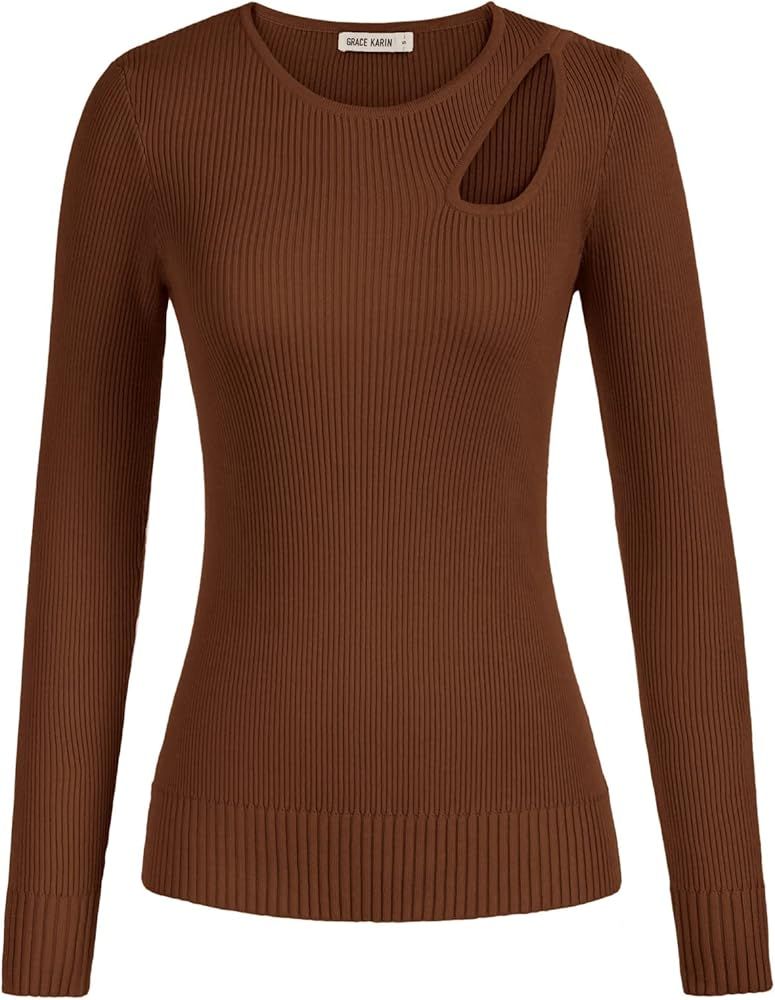 Stylish Cutout Top Crew Neck Fitted Ribbed Long Sleeve Blouses for Women Brown M at Amazon Women... | Amazon (US)