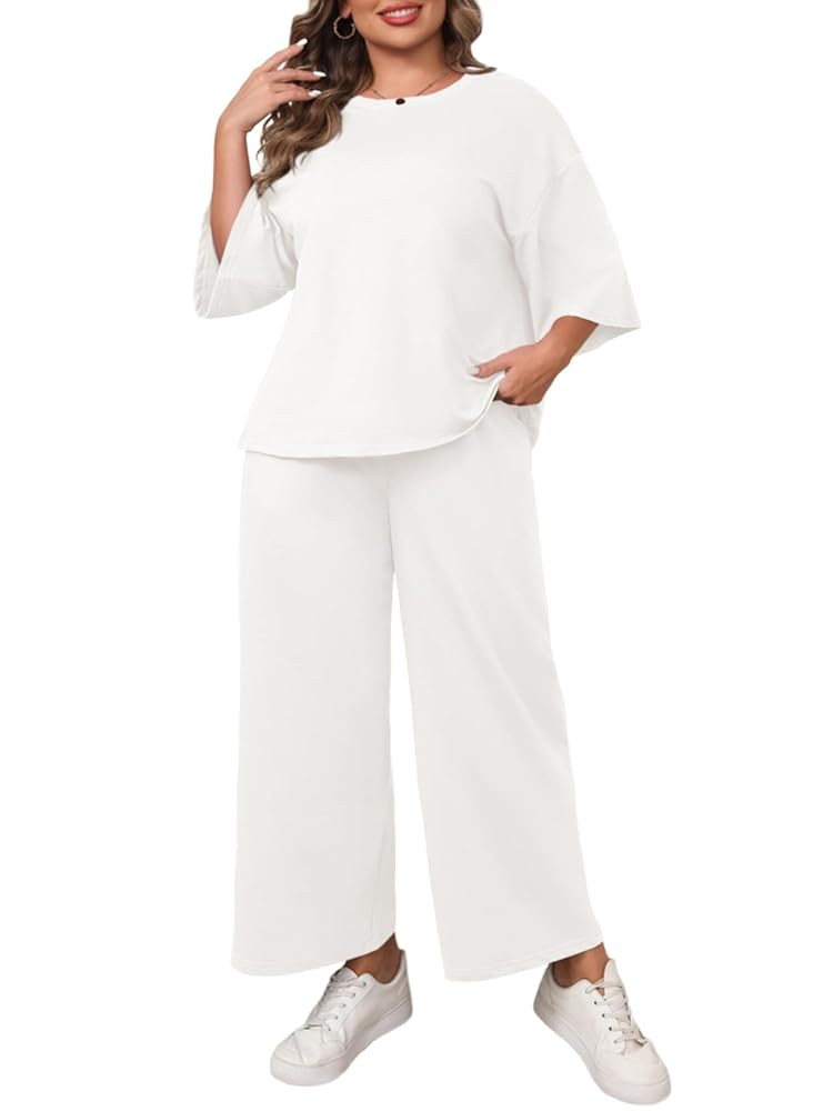 Beautife Womens Plus Size 2 Piece Outfits 3/4 Sleeve Tops and Wide Leg Pants Loungewear Pajamas S... | Amazon (US)