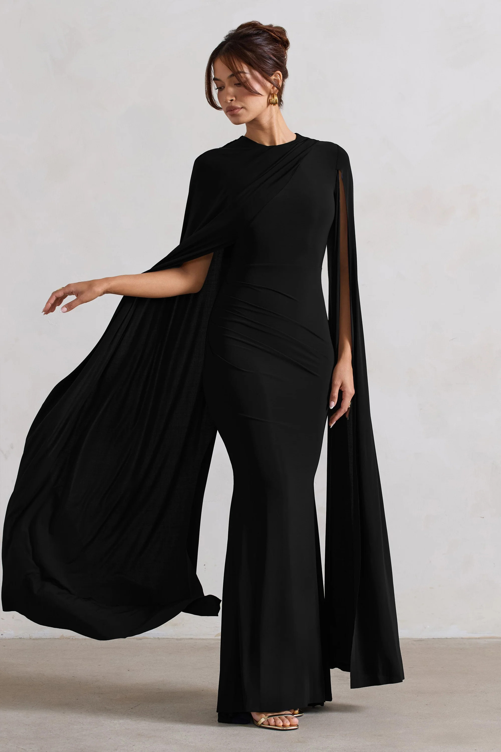 Magdelena  Black Asymmetric Cape Maxi Dress | Club L London