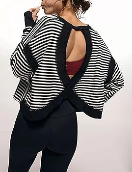 Bozanly Womens Open Back Striped Workout Tops Casual Long Sleeve Y2K Athletic Yoga Loose Shirts | Amazon (US)