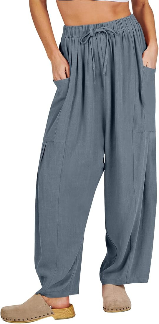 Women's Linen Wide Leg Pants Summer Casual Elastic Waistband Drawstring Palazzo Harem Pants Baggy... | Amazon (US)