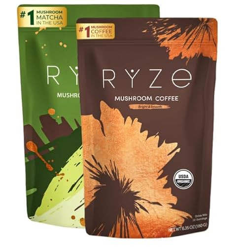 RYZE SUPERFOODS All Day Energy Bundle with Mushroom Medium Roast Coffee + Mushroom Matcha, USDA Organic with 6 Adaptogenic Mushrooms + Matcha for Better Energy, Focus, Digestion 30+30 serving | Amazon (US)