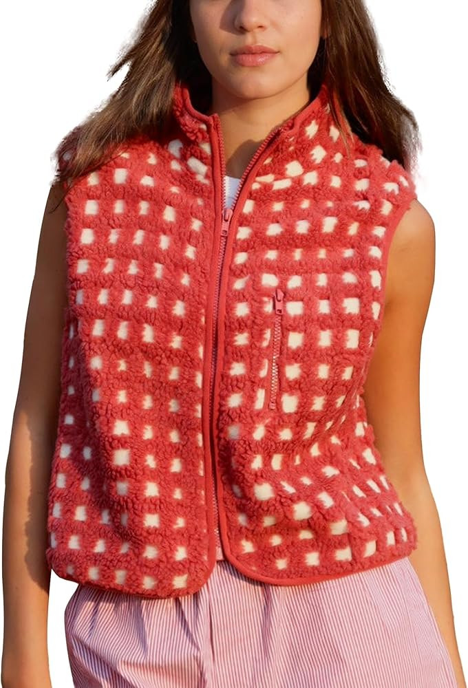 Womens Checkered Sherpa Vest Sleeveless Winter Fleece Jacket High Neck Zip Up Plaid Gilet with Ch... | Amazon (US)