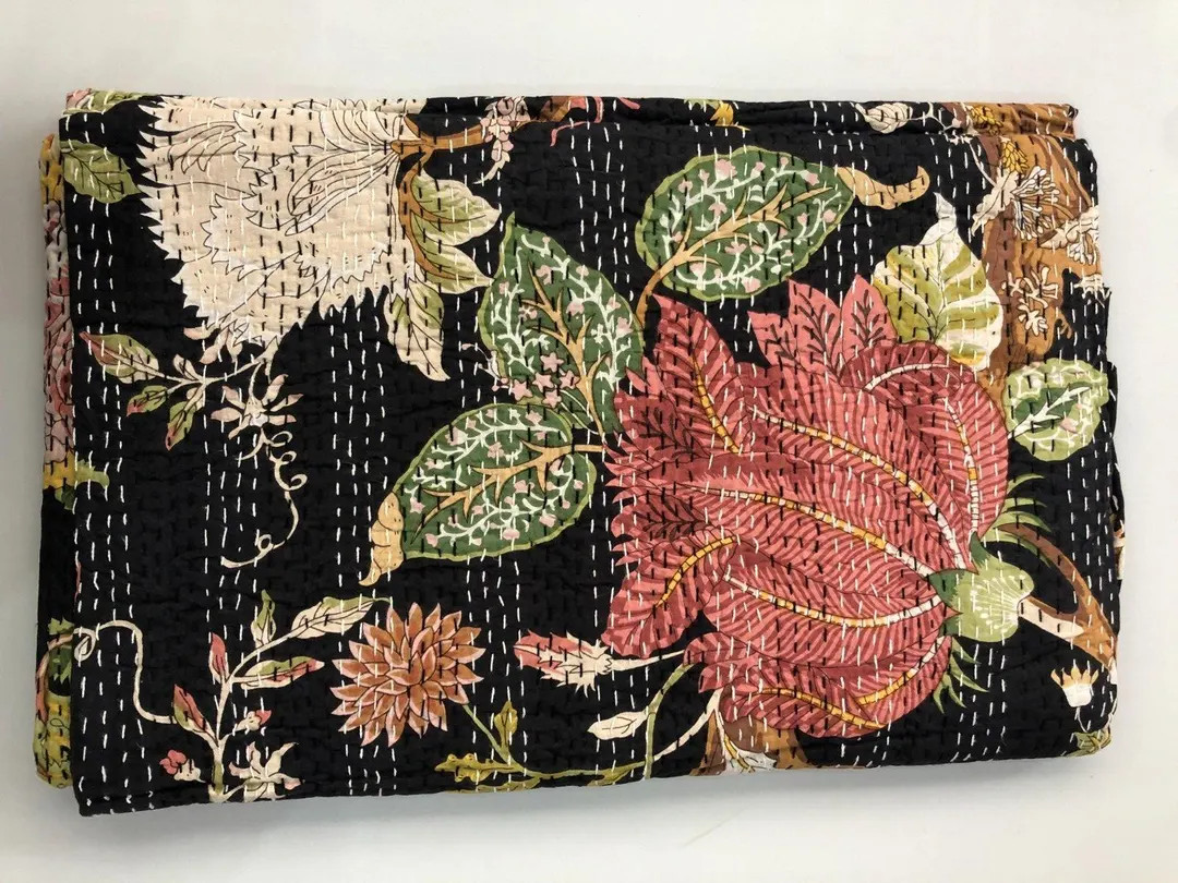 Indian Cotton Hand Block Print Black Floral Kantha Quilt King Size Beautiful Bedding Kantha India... | Etsy (US)