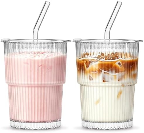 INSETLAN 380ml Glass Tumbler with Lid and Straw 2 Pack - Ribbed Glass Cup Iced Coffee Glasses, On... | Amazon (UK)