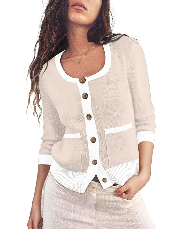 Womens 2024 Lightweight Knit Cardigan Sweaters Fall Long Sleeve Crewneck Open Front Button Down O... | Amazon (US)
