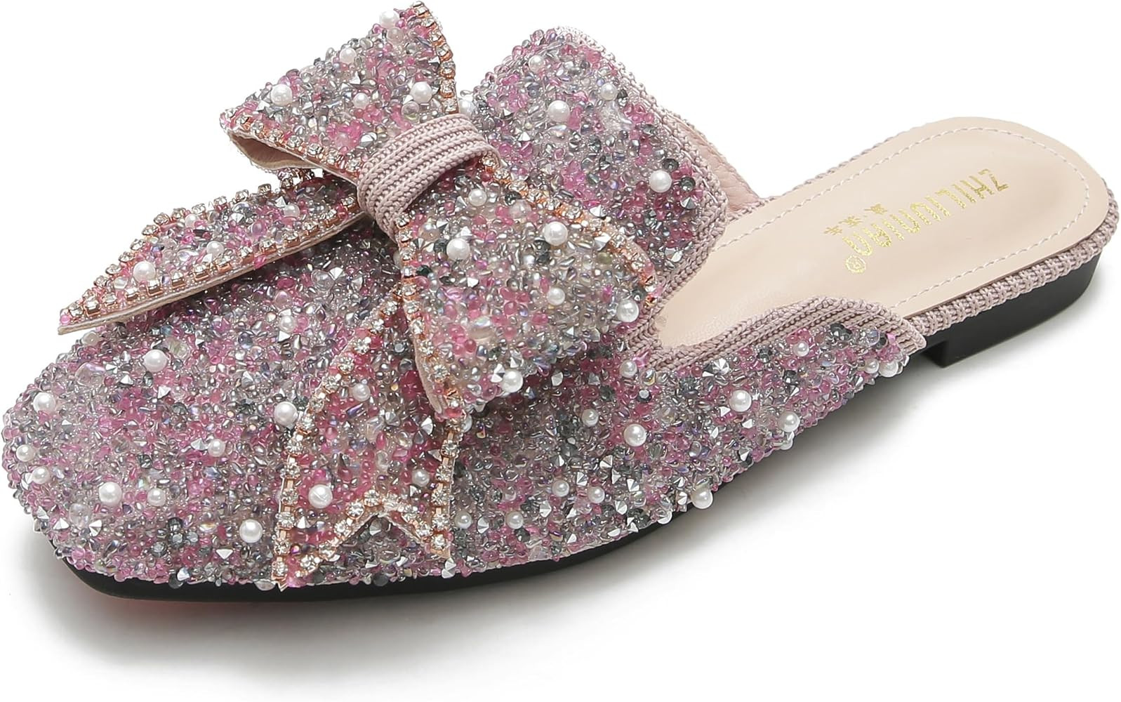 SAFECAMS Women's Rhinestone Bow Flat Mules Comfortable Square Toe Slip on Penny Loafers Ladies Ba... | Amazon (US)